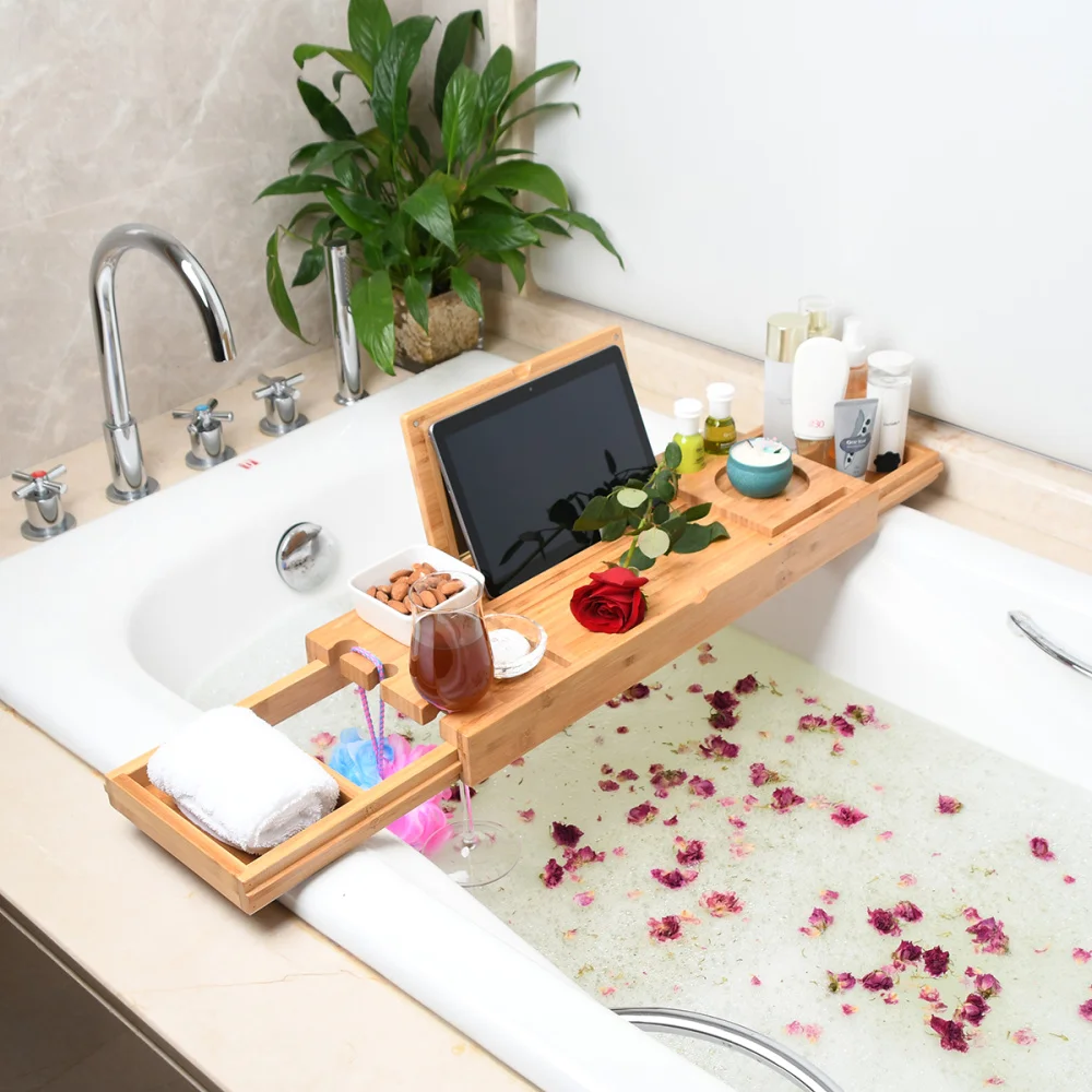 

1PC Multifunctional Bathtub Serving Tray Bamboo Bath Bridge Telescopic Storage Rack Shelf with Mirror for Bathroom Home