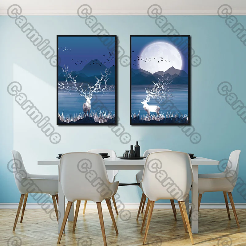 

Poster Blue Sky White Deer Moon Landscape Canvas Painting and Prints Wall Art Pictures Decoration for Living Room 3Pcs Frameless