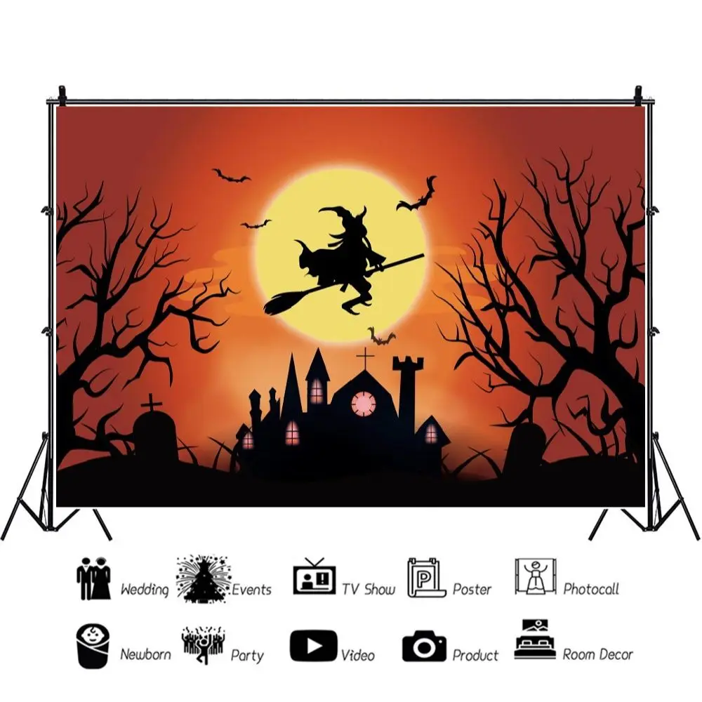 

Happy Halloween Flying Little Witch Castle Studio Portrait Photography Background Party Decors Photo Backdrop Photocall
