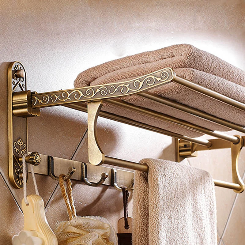 

Aluminum Foldable Antique Brass Bath Towel Rack Active Bathroom Towel Holder Double Towel Shelf With Hooks Bathroom Accessories