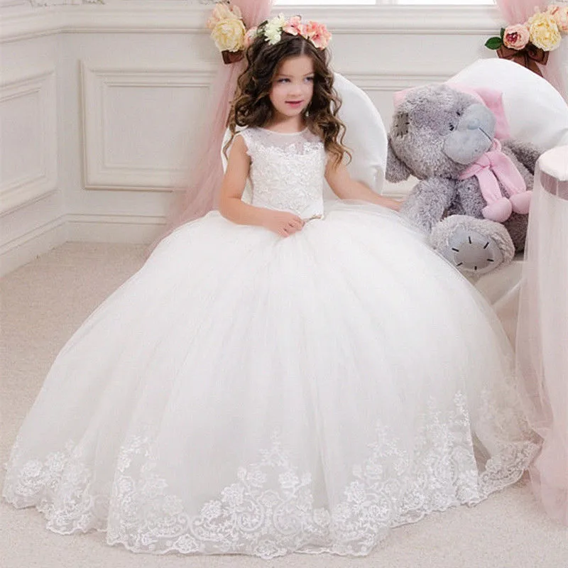 Пышное детское платье принцессы белое кружевное бальное Платья с цветочным