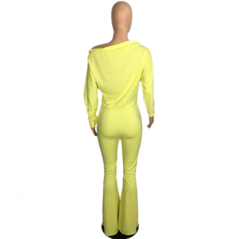 

Womens Jumpsuit Neon Yellow Sexy Rompers Nova Slash Neck Long Sleeve Flare Bodysuit Autumn Winter Plus Size One Piece Overalls