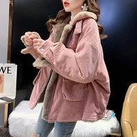2021 women winter thicken jacket loose all match corduroy coat for oversize casual zipper warmmultiple colour plush overcoat