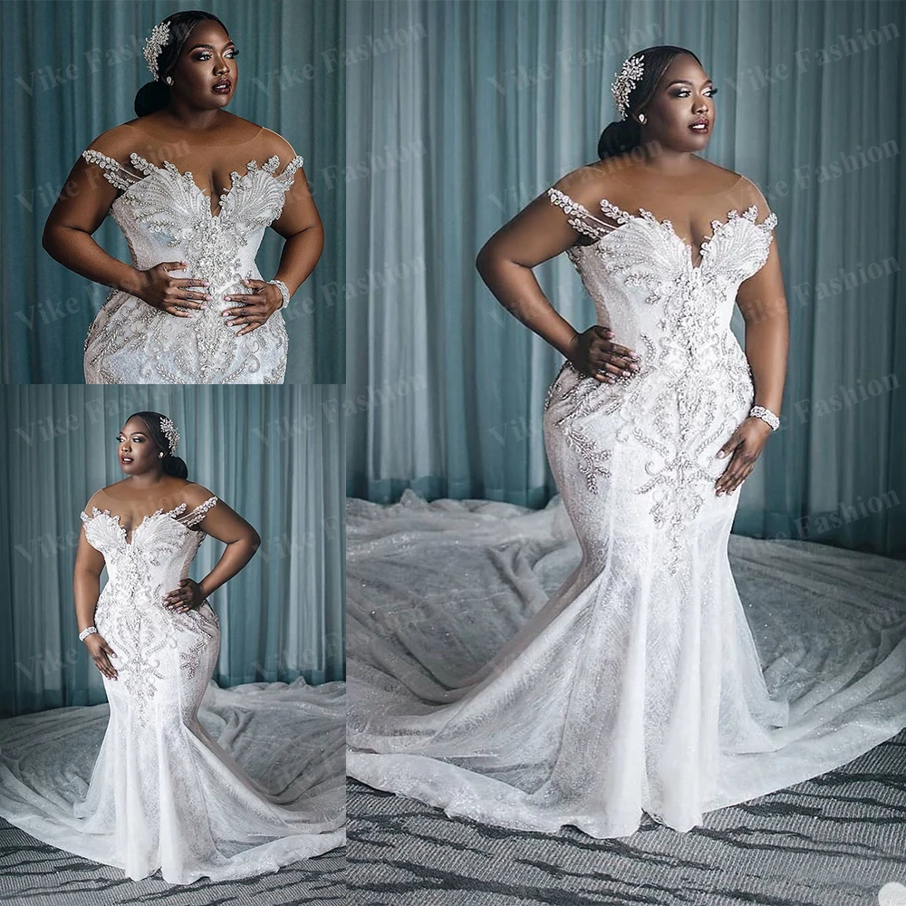 

Plus Size Wedding Dresses vestido de novia African Crystal Mermaid Wedding Dress Long Train Sheer Neck Custom Made