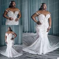 plus size wedding dresses vestido de novia african crystal mermaid wedding dress long train sheer neck custom made