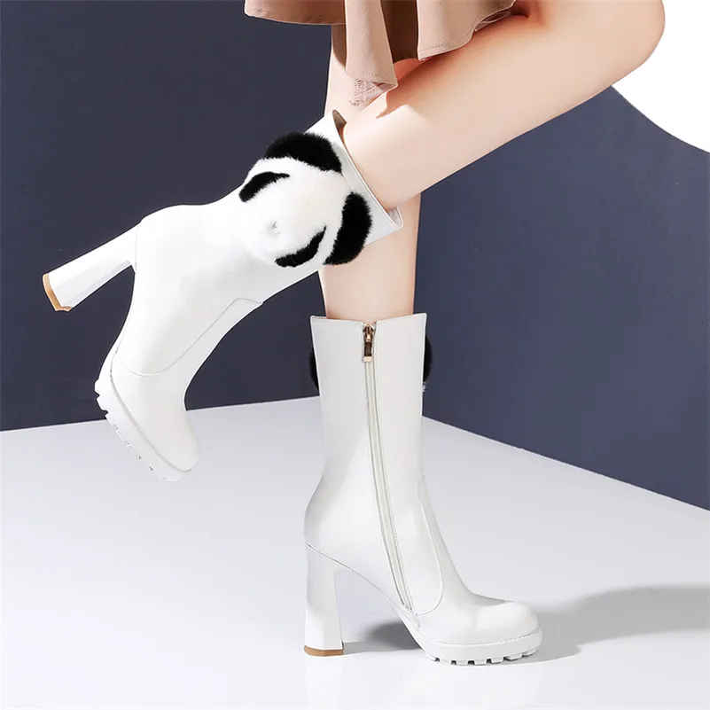 

Meotina Genuine Leather Platform Super High Heel Mid Calf Boots Women Shoes Zipper Chunky Heels Fashion Female Boots White 33-40