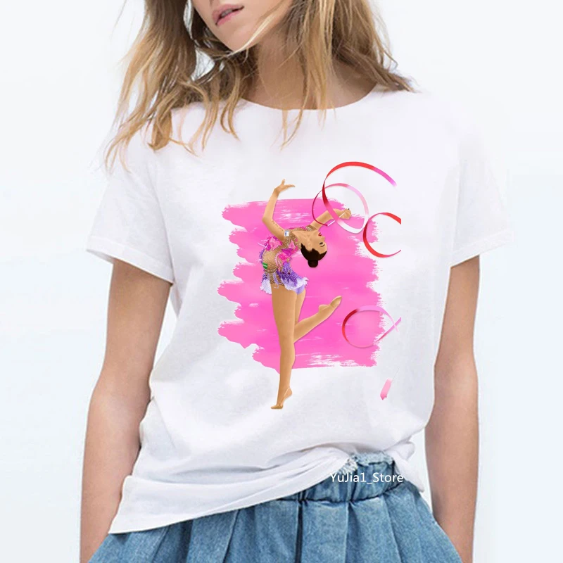 

Kawaii Gymnastics Dance Lover Gift Tee Shirt Summer Watercolor Ballet Dancer Printed Girl White T shirt Female Custom Tshirt