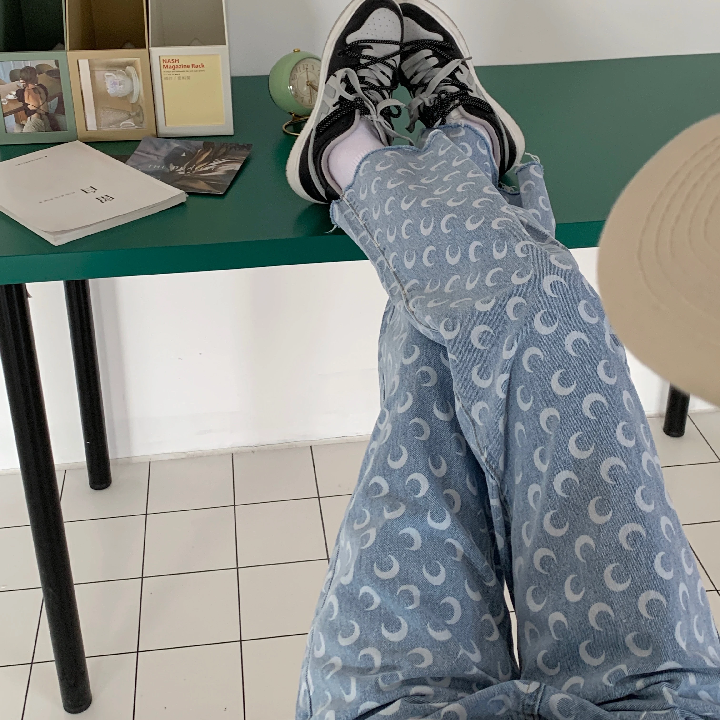 

New Summer Streetwear Women Jeans Y2k Retro High-waist Denim Trousers Hip-hop Hipster Moon Print Straight-leg Jeans Female
