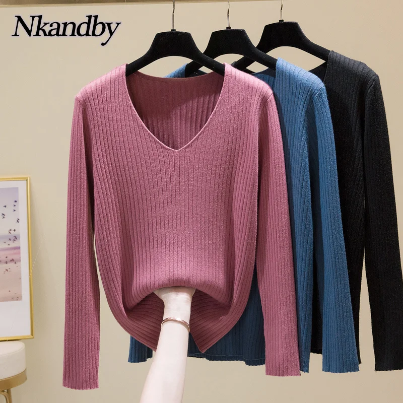 

Nkandby Soft Knitted Sweaters Women Autumn Winter Long Sleeve V-neck Cozy Basic Top Minimalist Style Oversize Knitwear