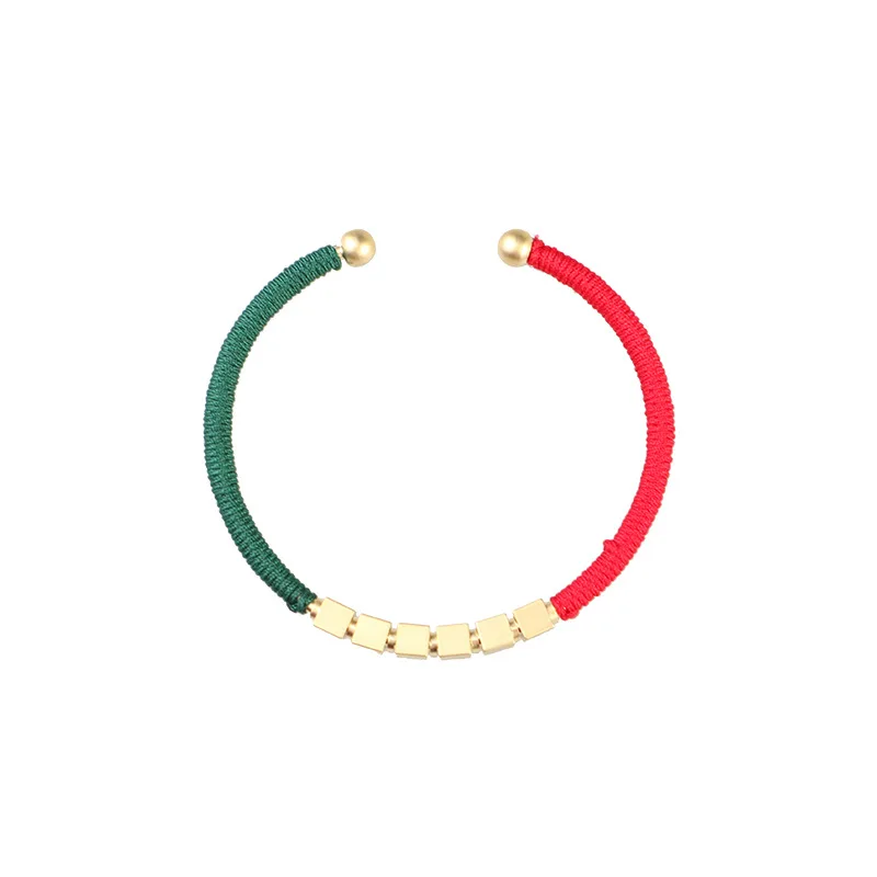 Красный и зеленый веревочный новогодний матовый открывающийся браслет из бусин