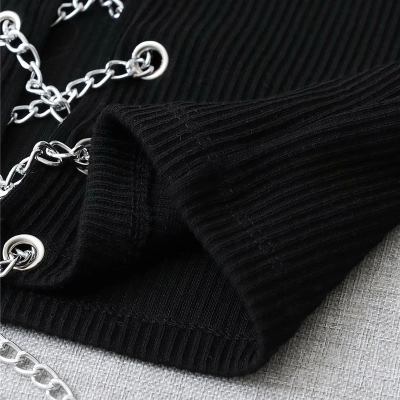

Evfer Spring Summer Fashion Sexy Lady Front Chain Drawstring Knitted Short Vest Women Stylish O-Neck Sleeveless Black Tops Chic