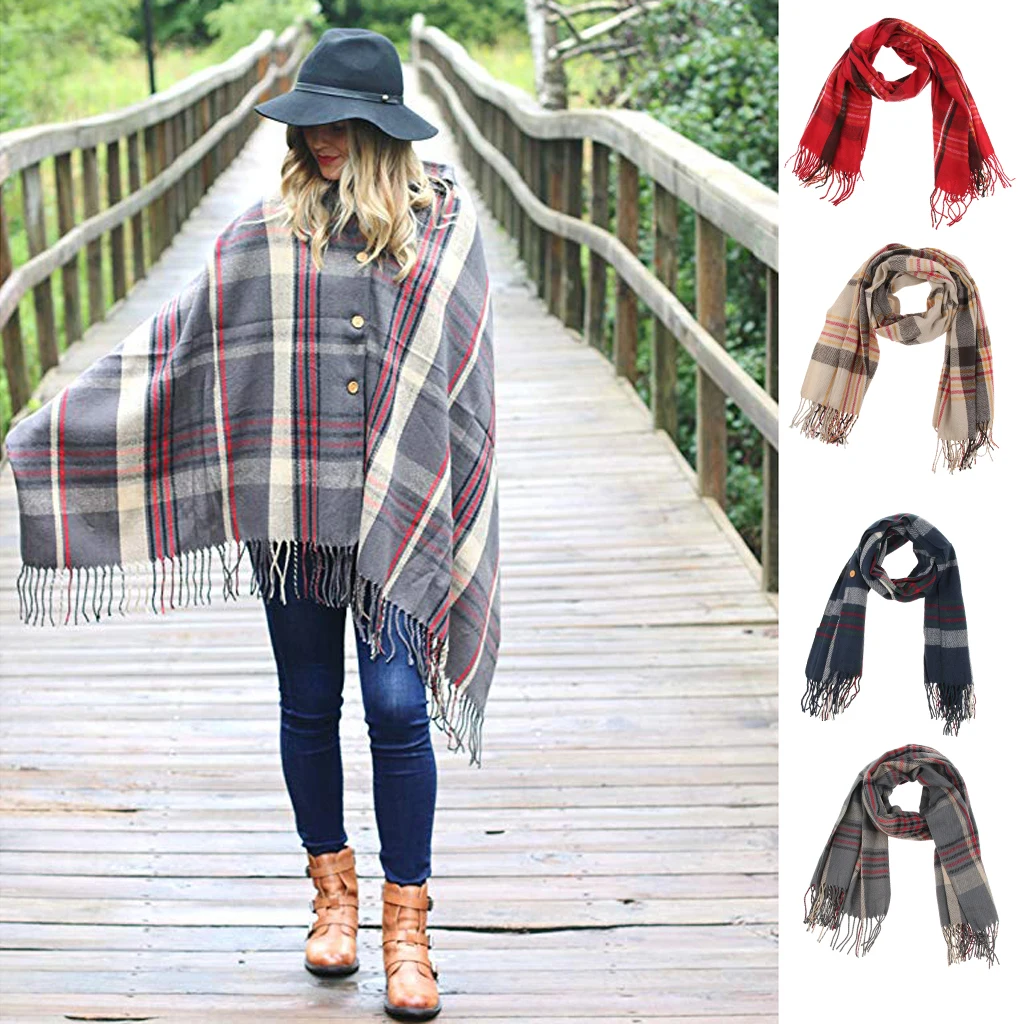 

Women Large Soft Button Cashmere Shawl Wrap Scarf Plaid Color with Fringe