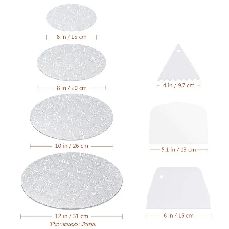 

4PCS Round Cake Board Round Cake Circle Base With 3 Cake Scrapers Round Plate Board Turntable Silver Anti-Skid Circle Cardboard