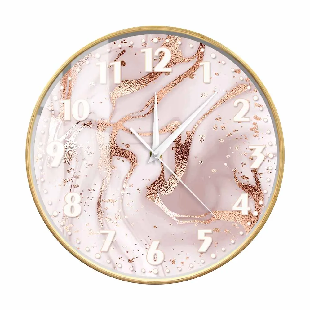 

Rose Gold Marble Pinkish Texture Printed Wooden Frame Wall Clock Luxury Marble Abstract Trendy Wall Art Silent Non Ticking Clock