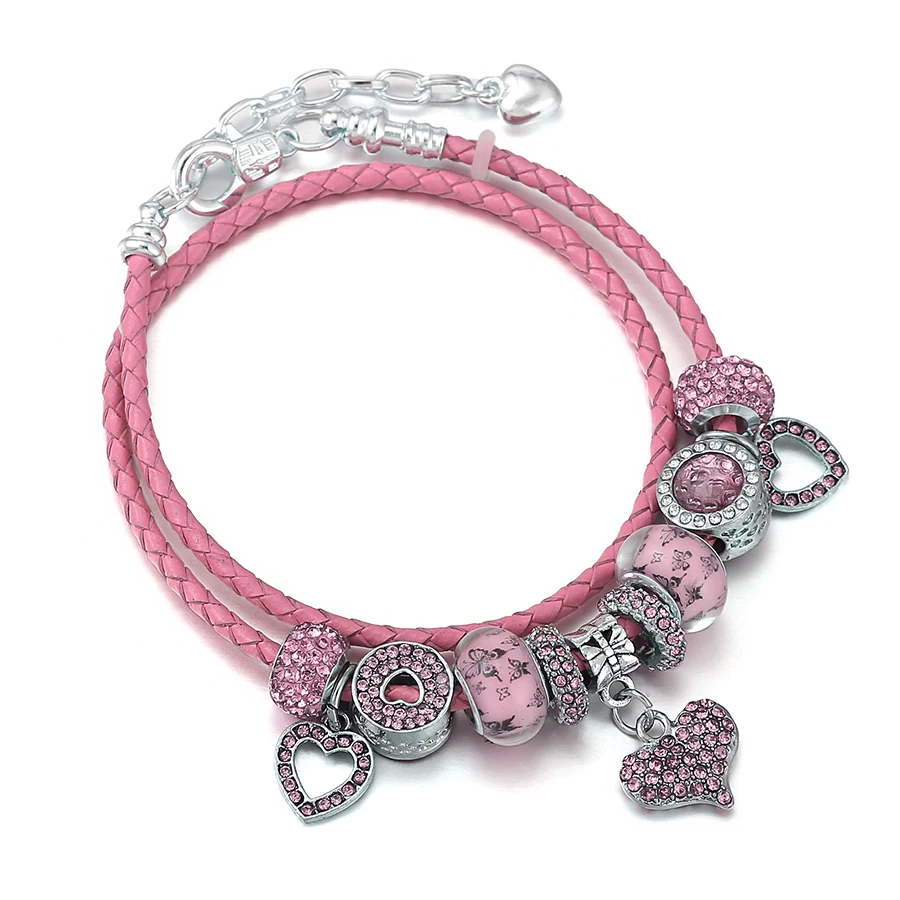 

Seialoy Pink Blue Leather Heart Bracelets For Women Butterfly Love Heart Beaded Rhinestone Charm Lovers Couple Bracelet Gifts