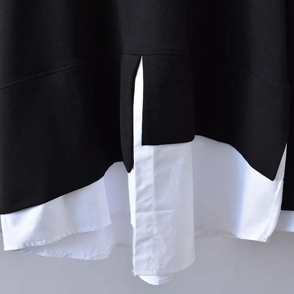 

Black FakeTwo-piece Hoodie Autumn New Plus Size Pullover Korea Long Sleeve Loose Lady Sweatershirt Top Spring Young Girl Casual