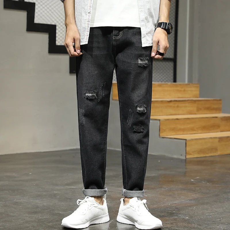 

Мужские джинсы до щиколотки, с вырезами на коленях, винтажные, уличные, синие, черные