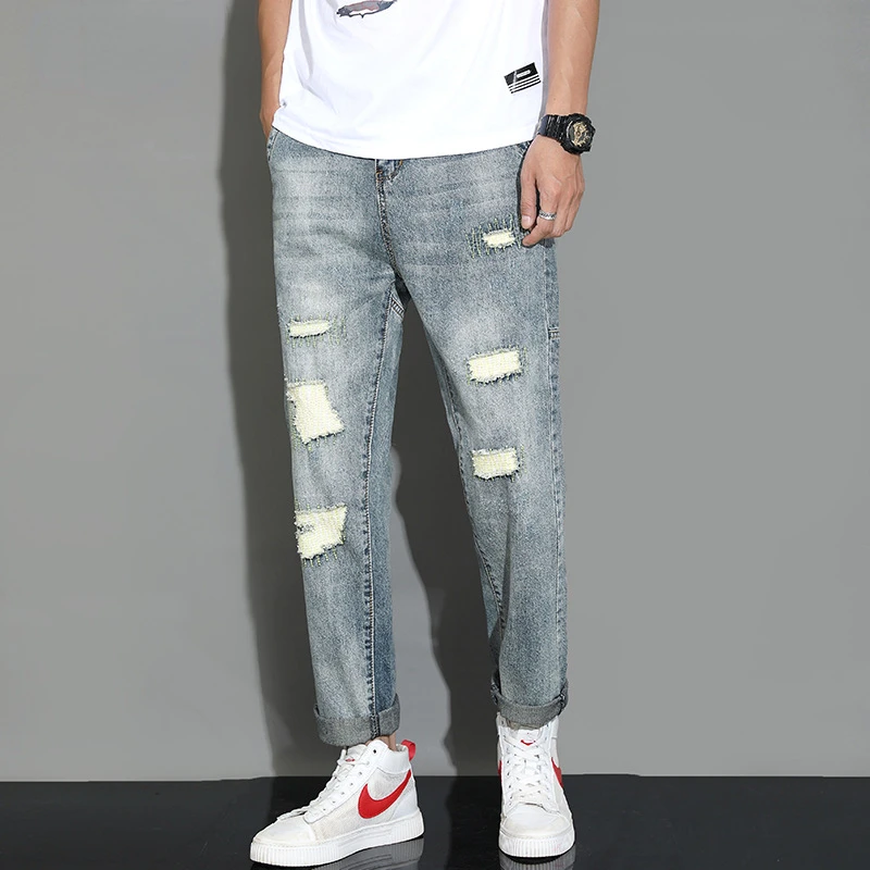 

Men Jeans 2021 New Spring Autumn Boutique Youth Pants Hole Tide Brand Men Stitching Jeans Loose Straight Casual Jeans Trousers