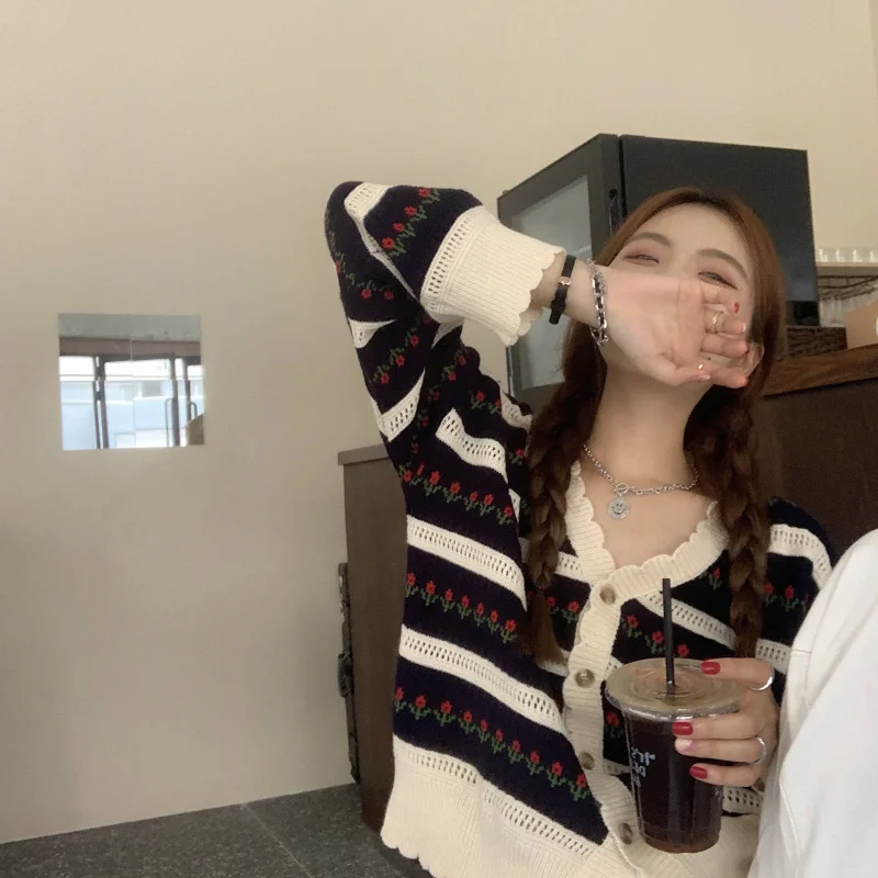 

Корейский стиль свободный свитер с V-образным вырезом кардиган пальто женский весна-осень ретро с длинными рукавами цветочный полосатый вя...