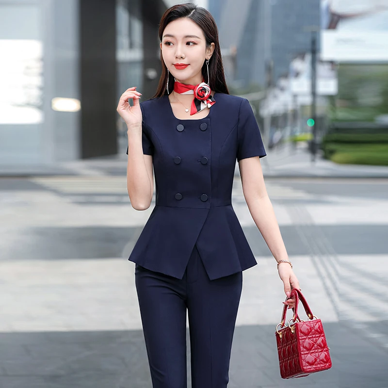 Formal OL Style Pantsuits for Women Business Work Wear with Scarf Summer Short Sleeve Ladies Office Professional Blazers Set | Женская