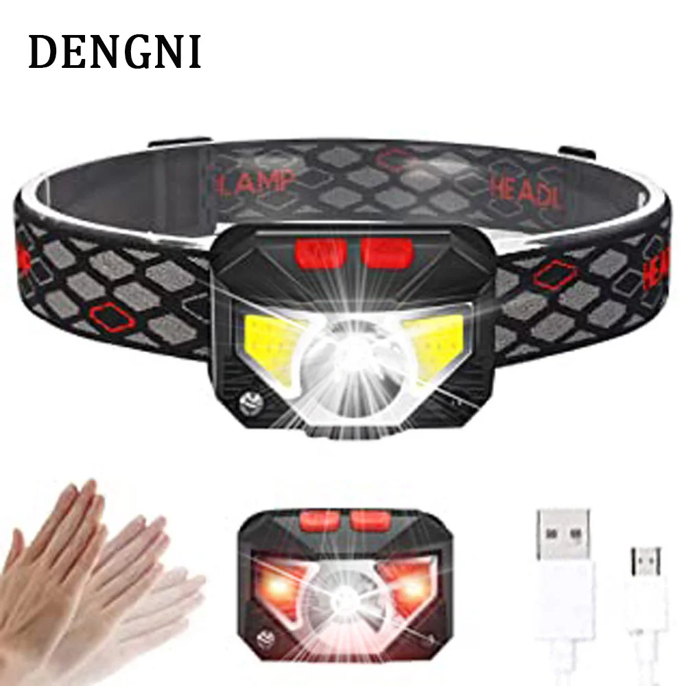 

New LED gesture sensor headlight COB red headlight USB rechargeable strong light outdoor night fishing waterproof small headlamp