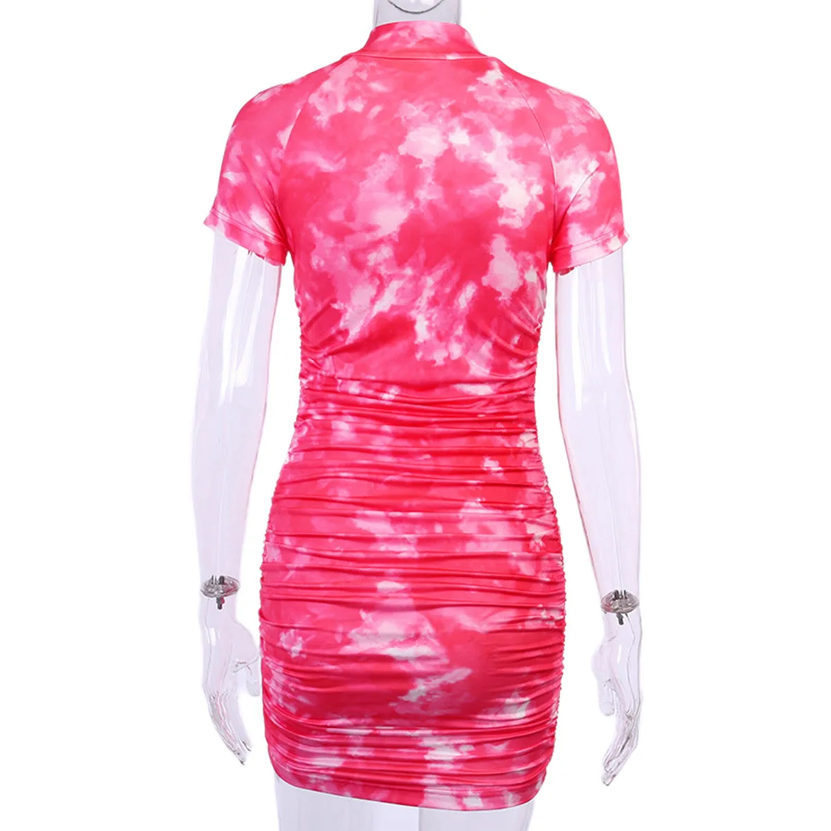 

Womens Dress Tie-dye Short-Sleeve Tight Pleated Dress Summer Female Clothes Turn-down Collar Ladies Dresses