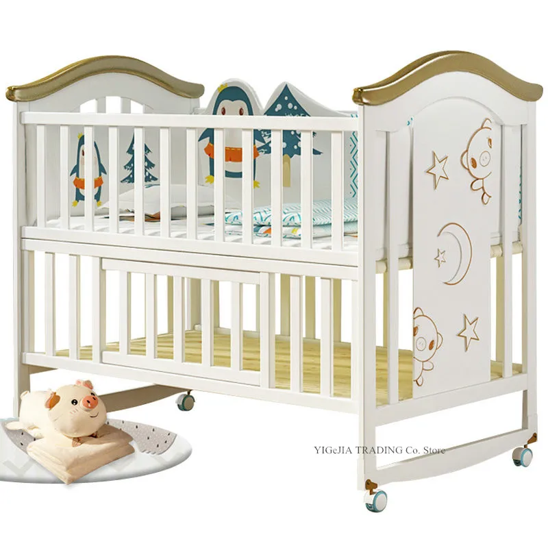 Larger Size Wood Baby Crib, Can Convert to Elder Kids, 124*68*105cm, Multifunctional Newborn Cot, Joint With Adult Bed