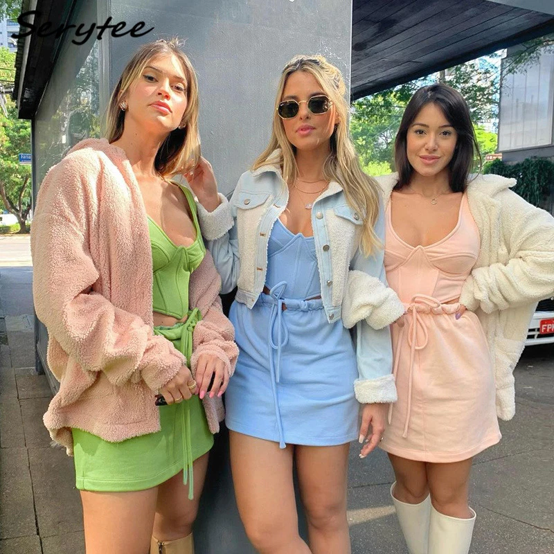 

Serytee Low Cut Sleeveless Tank Top And Drawstring A Line Skirt Two Piece Set Women Summer Streetwear Solid Beach Set Casualwear