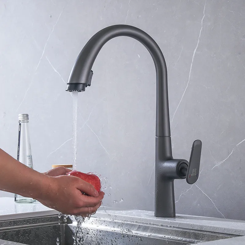 Серый кухонный смеситель с одним отверстием выдвижной кран для раковины