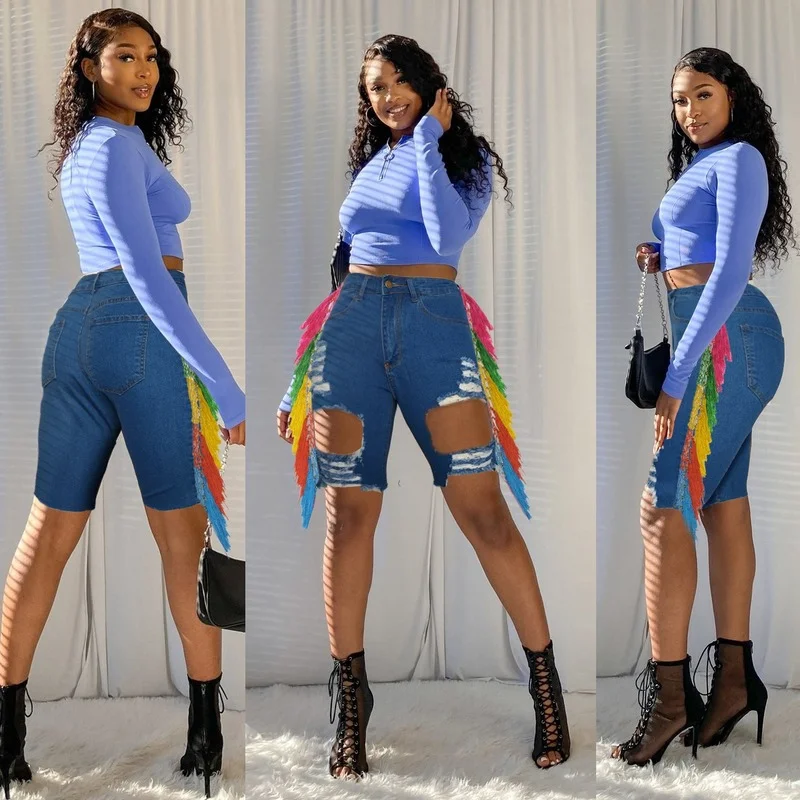 

2021 NEW ARRIVAL! Sexy Summer Women's High Waist Slim Fit Multicolored Tassel Denim Shorts Streetwear Women