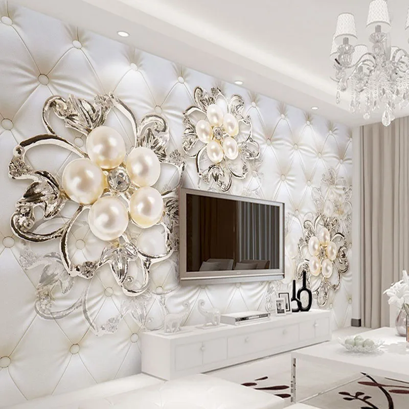Custom Mural Wallpaper 3D European Style Soft Package Diamond Pearl Flower TV Backdrop Wall Painting Living Room Decor Wallpaper