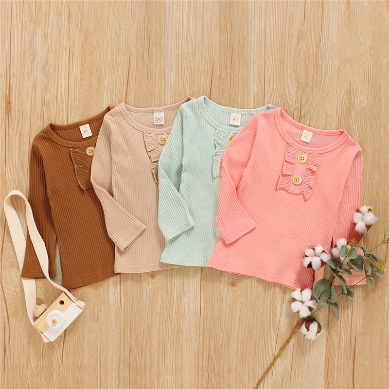 

2-6 Years Kids Baby Girls T-shirt Autumn Winter Basic Tee Tops Long Sleeve Ruffle Button Round Neck T Shirts Clothing