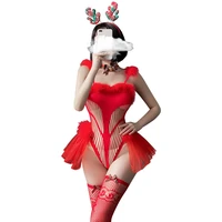 christmas princess pettiskirt elk cosplay costumes new santa girl one piece fishnet bodysuit red christmas hollow out outfit