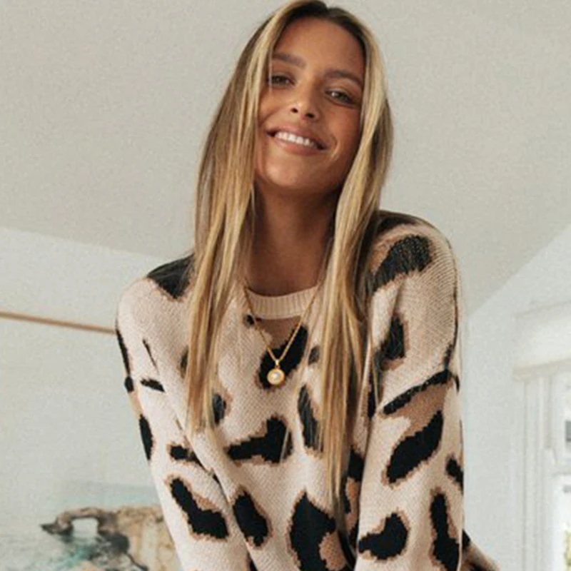 

Retro Leopard Print Women Sweater Set O Neck Pullover Jumper Top Knitted Elastic Waist Shorts 2 Pcs Set Winter Sweater