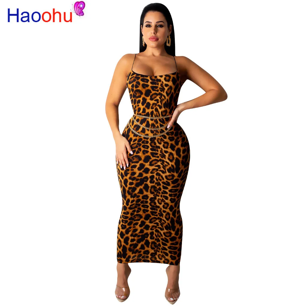 

HAOOHU Sexy Cheetah Leopard Print Midi Dress Women Clothes Plus Size Vestido Elegant Spaghetti Strap Bodycon Night Club Dresses