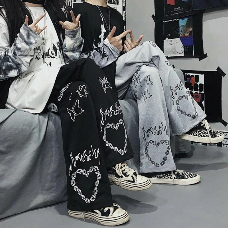 

Korean Wide Leg Pants Cartoon Print Harajuku Trousers Women Streetwear Fashion Streetwear Black Vintage Hip Hop Vintage Clothes