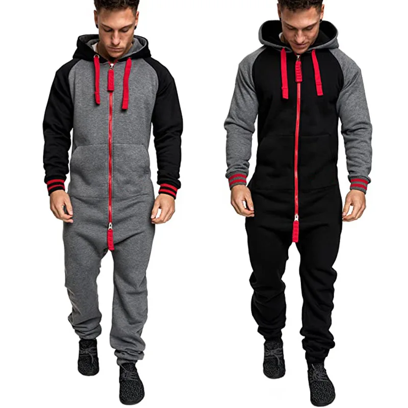 

Mens Pure Color Splicing Jumpsuit Men One-piece Garment Pajama Playsuit Zipper Hoodie Male Onesie Jumpsuits Overalls Hombre 2021