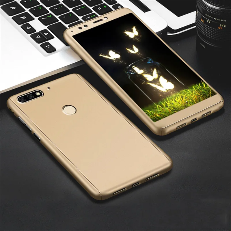 Для huawei Y6 Prime чехол 360 Полное покрытие противоударный чехол жесткий чехол из поликарбоната для huawei Y6 Y 6 Y6Prime закаленное стекло - Цвет: Golden