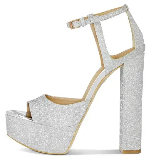 

Dipsloot Bling Bling Sliver Chunky Heels Platform Sandals Woman Buckle Strappy Thick Heel Peep Toe Wedding Shoes Lady