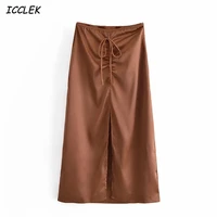 2021summer za womens chocolate skirts lace up long split skirt silky stain elegant skirts side zipper ladies chic a line skirts