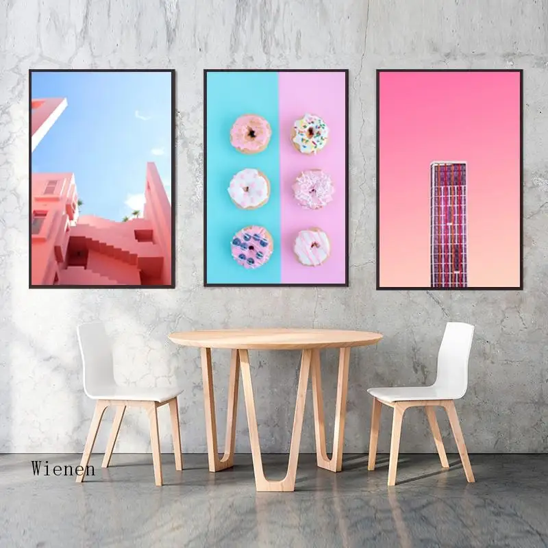 

Nordic Style Pink Canvas Painting Abstract Simple Dessert Fruit Building Posters Home Decoration Wall Arts for Living Room