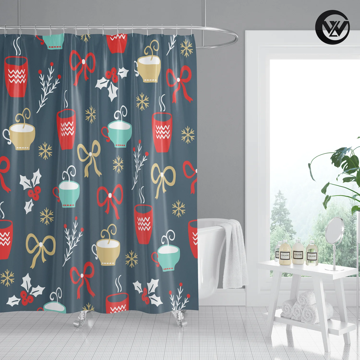 Eco Friendly Printed Christmas Bow Coffee Cup Grey Bathroom Bathtub Curtains, Modern Printing Merry Christmas Shower Curtain