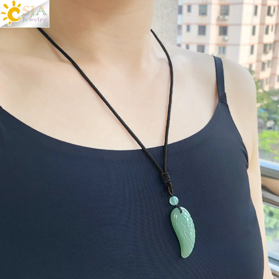 CSJA натуральным камнем ожерелье кулон Ангел ожерелья крылья зеленый авантюрин