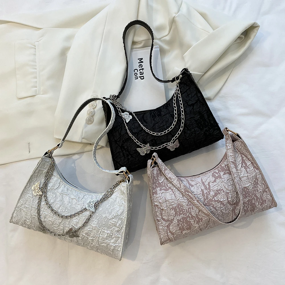 

Элегантные Женские однотонные сумки для подмышек, женские тисненые плиссированные сумки для подмышек, цепь с плетением «бабочка» ПУ сумки ...