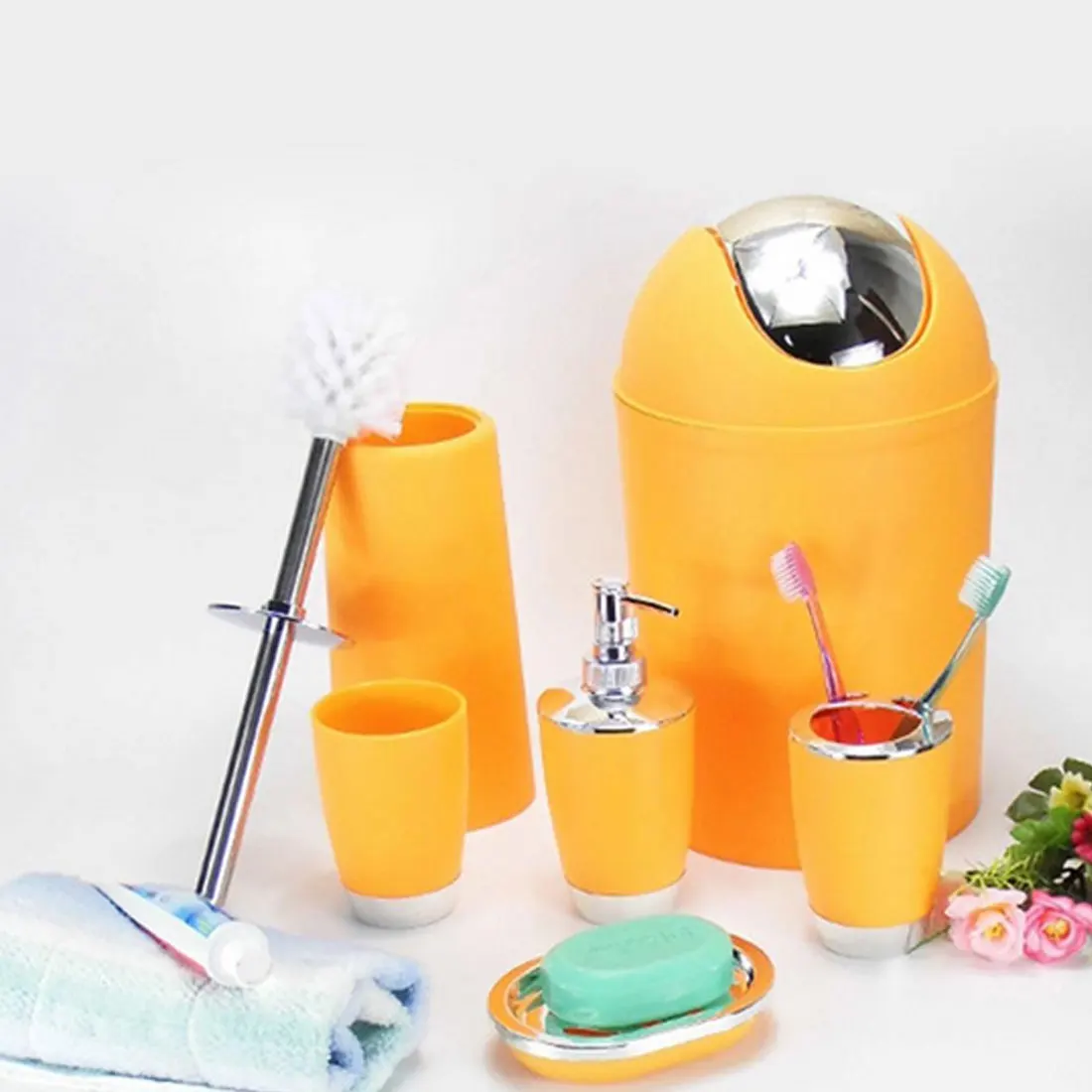 

6pcs Bath Waste Bin Soap Box Toilet Brush Plastic Bathroom Accessory Set Wash Tool Suit Bath Set Mouthwash Toothbrush Holder Set