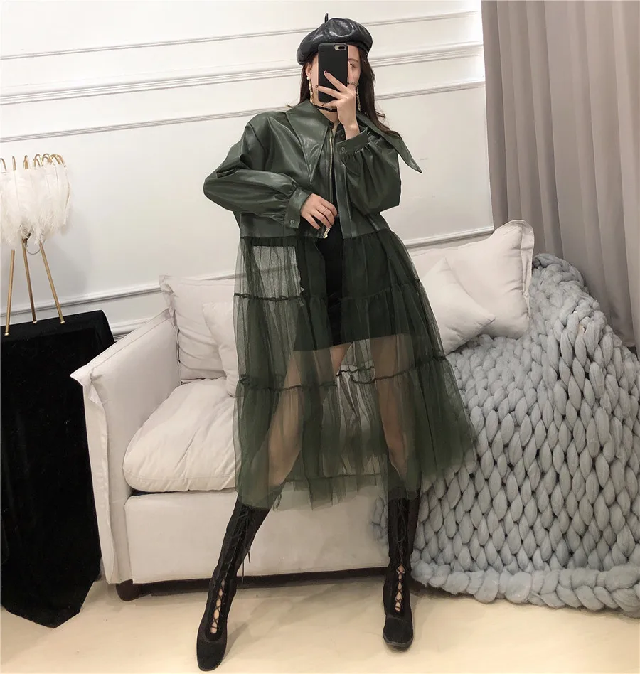 WHITNEY WANG осенне-зимняя модная уличная сетчатая юбка Лоскутная куртка из искусственной кожи женское пальто из искусственной кожи