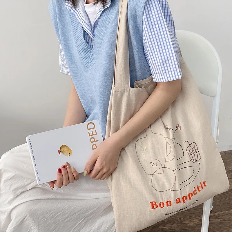 

Повседневные хлопковые и льняные женские сумки на плечо, холщовая Повседневная сумка для девочек, сумка для покупок с вышивкой, вместительн...