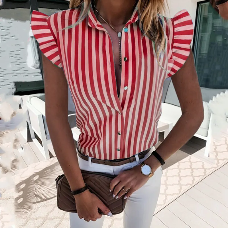 

Elegant Striped Ruffle Blouse Shirts Office Lady 2020 Summer Short Sleeve Slim Blouse Women Casual Button Notched Tops Plus Size