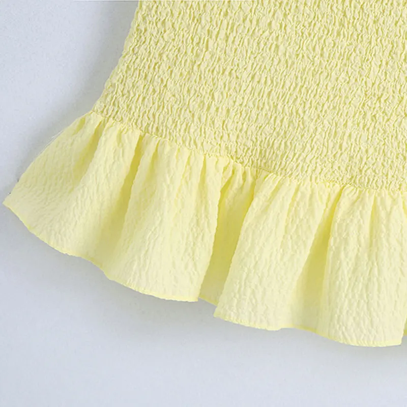 

Birthday Dress For Women yellow Flounced Edge Sheath Casual Puff Sleeve Lovely Fashion Sweet Honeycomb Texture Mini Dress 2021