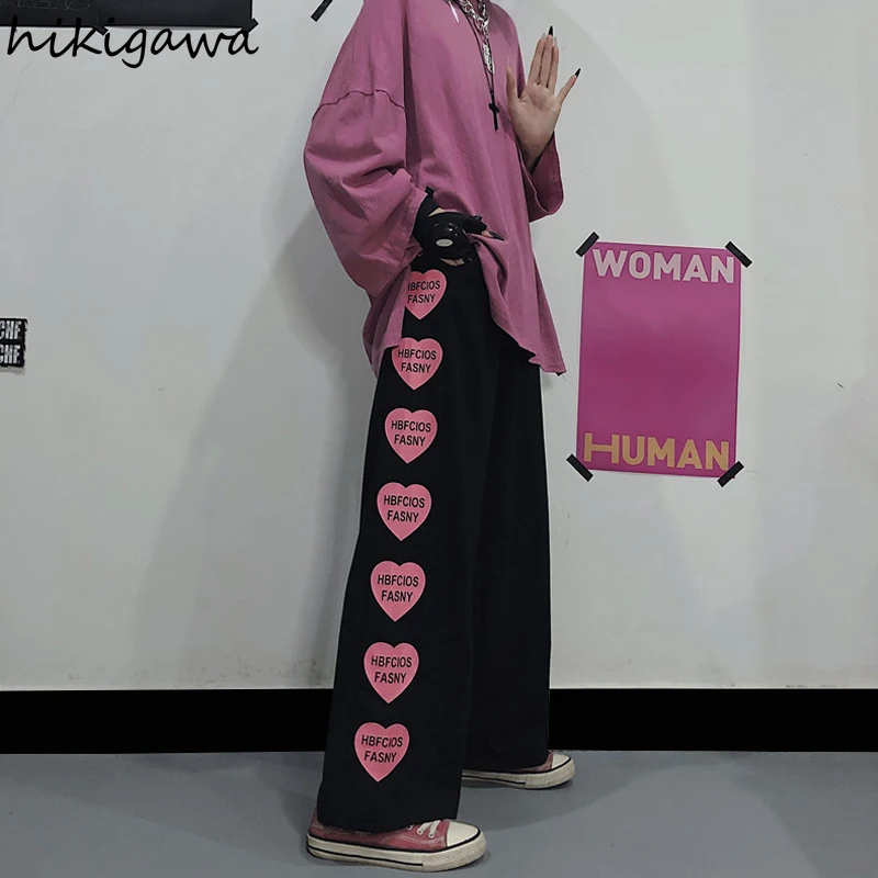 

Hikigawa Plus Size Clothes Sweatpants Women Casual Harajuku Pants Japan Heart Print Elastic High Waist Trousers for Female Pant